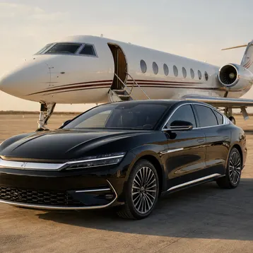 Black luxury sedan waiting beside a private jet