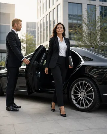 Business travellers stepping out of a car outside an office building